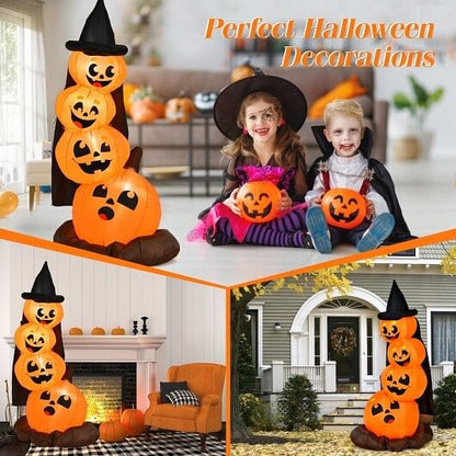 7 Feet Halloween Inflatable Pumpkin Combo with Witch's Hat and LED Lights-3