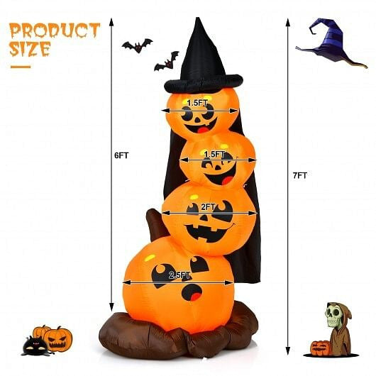 7 Feet Halloween Inflatable Pumpkin Combo with Witch's Hat and LED Lights-4