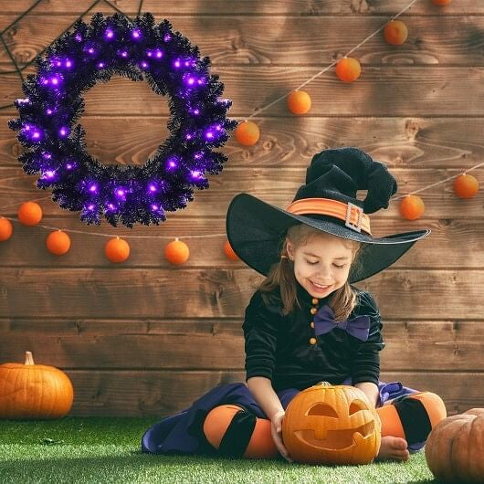 24 Inch Pre-lit Halloween Wreath with 35 Purple LED Lights-1