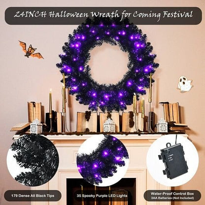 24 Inch Pre-lit Halloween Wreath with 35 Purple LED Lights-3