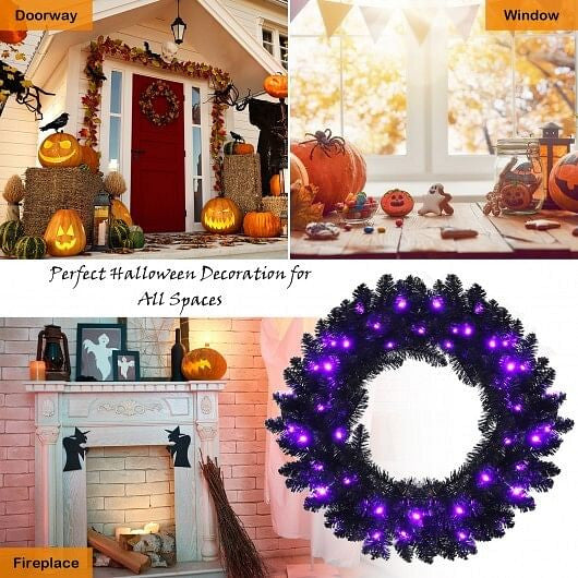 24 Inch Pre-lit Halloween Wreath with 35 Purple LED Lights-2