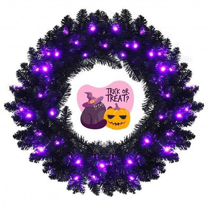 24 Inch Pre-lit Halloween Wreath with 35 Purple LED Lights-0