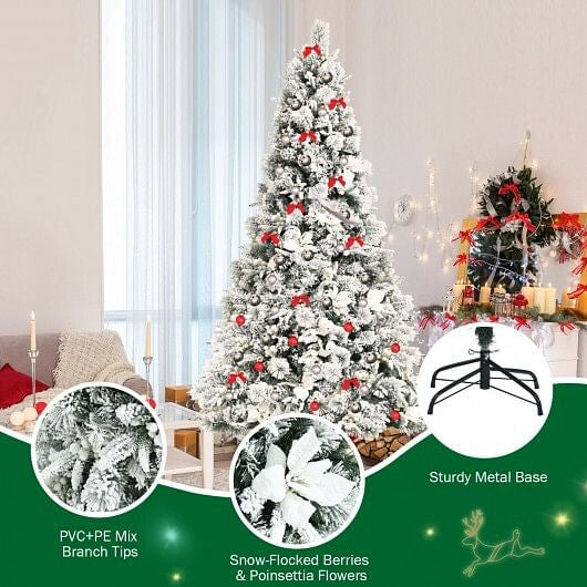 7 Feet Snow Flocked Christmas Tree with Poinsettia Flowers-3