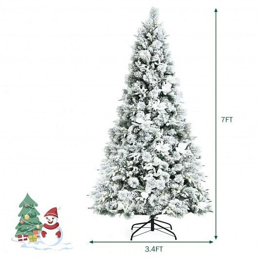 7 Feet Snow Flocked Christmas Tree with Poinsettia Flowers-4