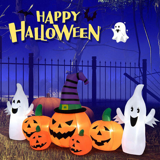 9 Feet Long Halloween Inflatable Pumpkins with 2 Ghosts-2