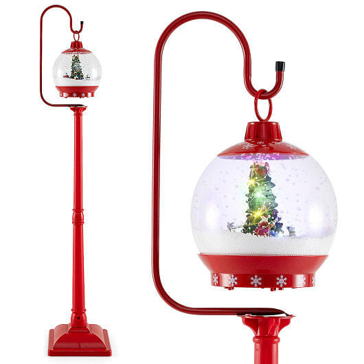68 Inch Festive Musical Christmas Street Lamp Post with Snow Globe Lantern-Red-0