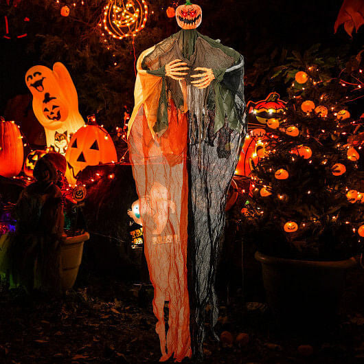6 Feet Hanging Pumpkin Ghost with Red Glowing Eyes and Bendable Arms-3