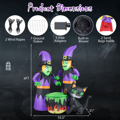 6 Ft Inflatable Halloween Witches with Cauldron & Black Cat-2