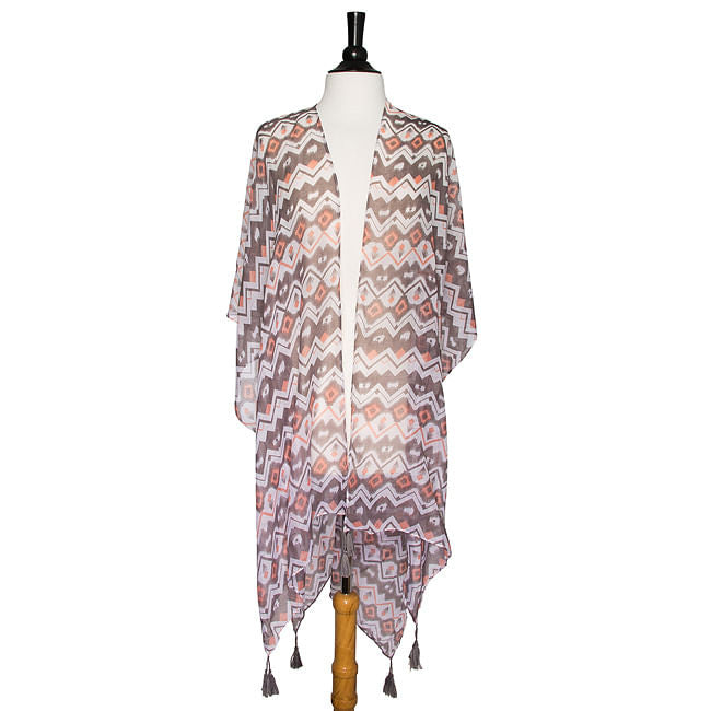 Grey Gena Geometric Print Shawl Cover Up With Tassels-0