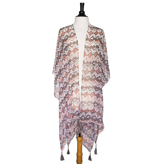 Grey Gena Geometric Print Shawl Cover Up With Tassels-0
