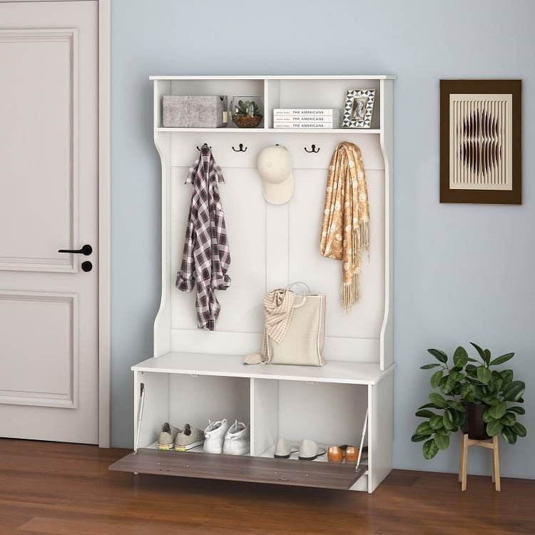 Entryway Bench Coat Rack Shoe Storage Cabinet in White Oak Wood Finish-1