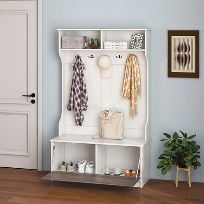 Entryway Bench Coat Rack Shoe Storage Cabinet in White Oak Wood Finish-1