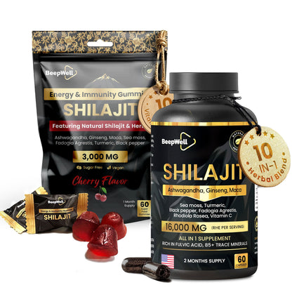 BeepWell Shilajit Capsules 16,000MG – High Strength Daily Blend with Ashwagandha, Sea Moss, Maca & Fulvic Acid – 60 Vegan Capsules for Vitality & Balance-0