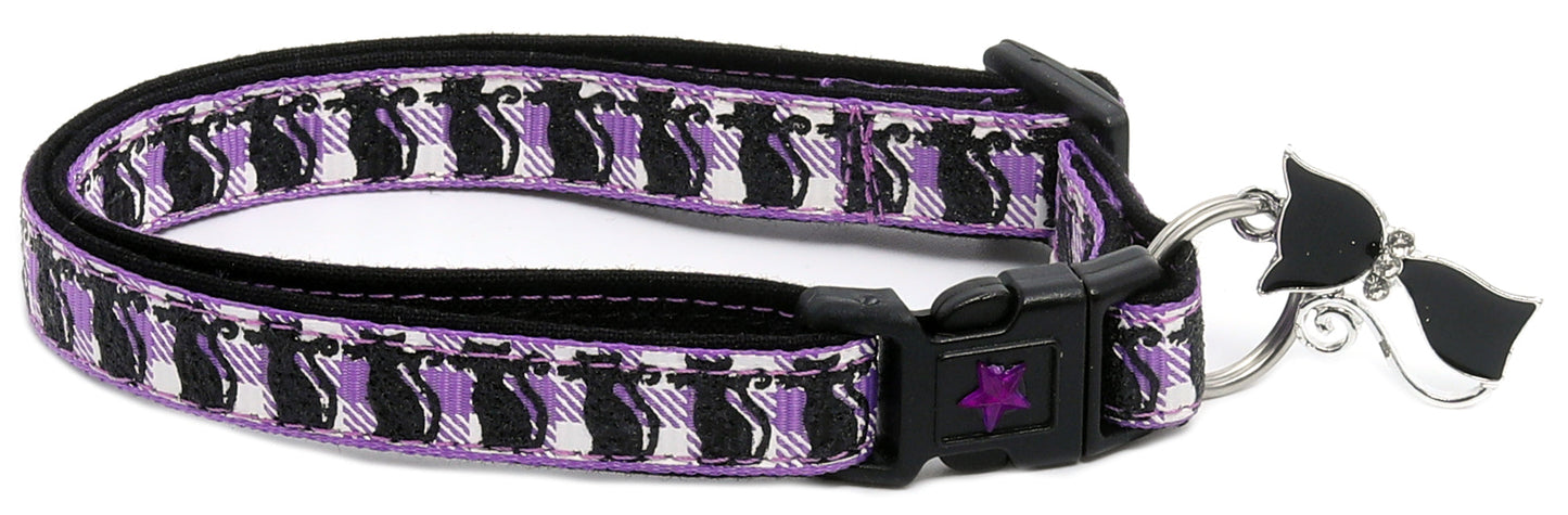Glittering Black Cats on Plaid Breakaway Cat Collar-13