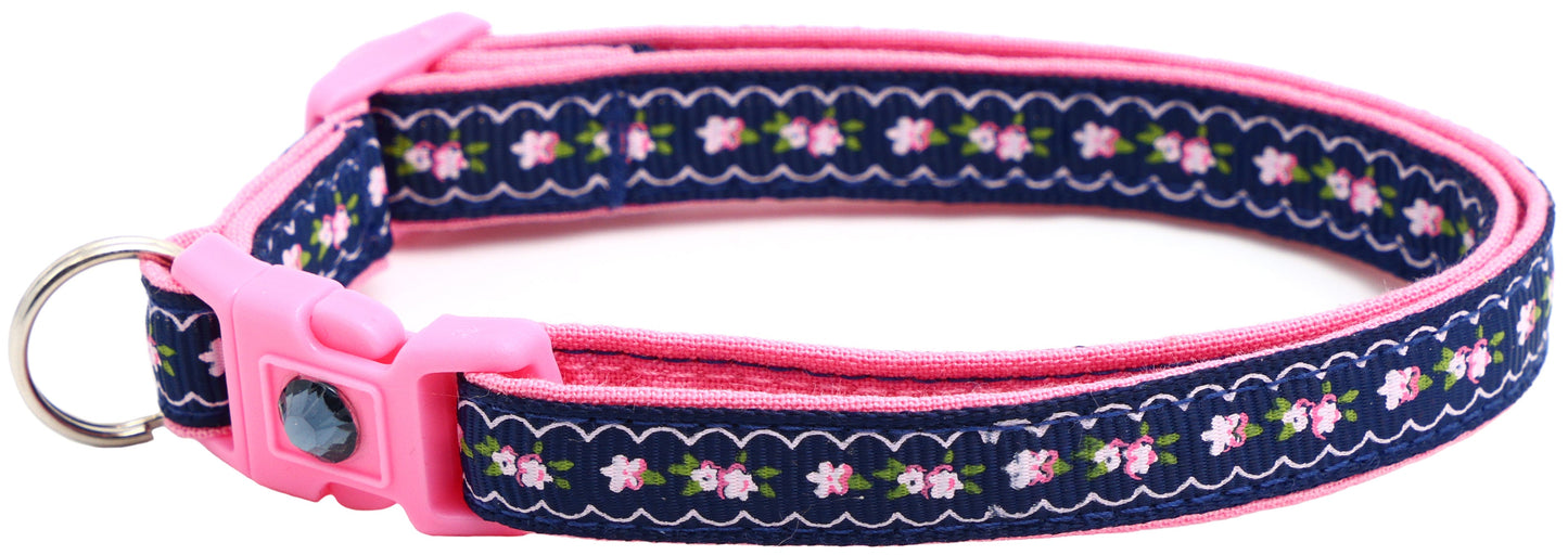 Pink Flowers and Lace on Navy Blue Breakaway Cat Collar-3