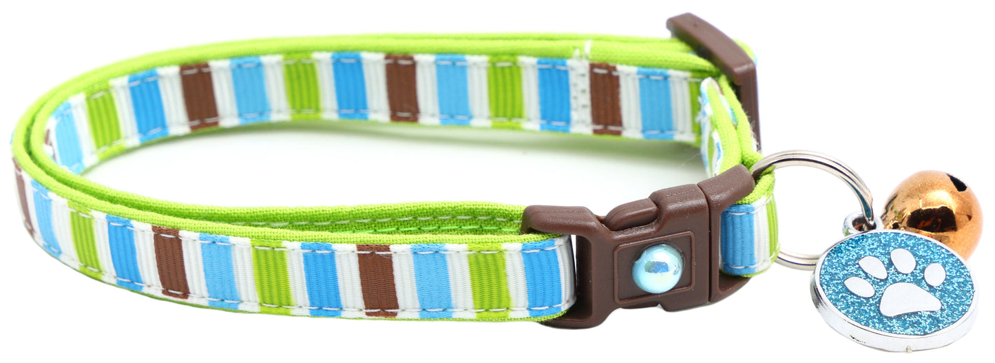 Green, Brown, and Blue Stripes Cat Collar-4