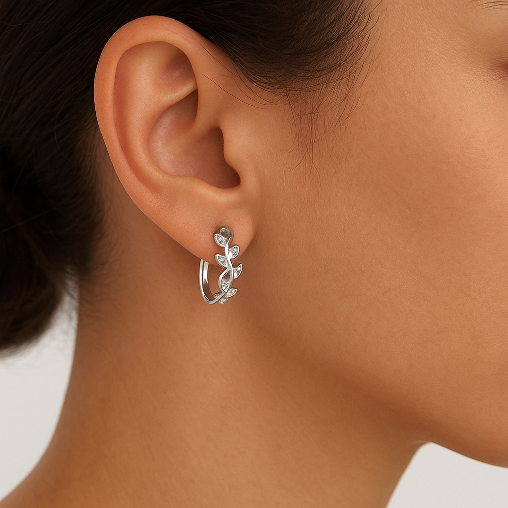 Leaf Vine Moissanite Hoop Earrings –  14k Yellow Gold-1