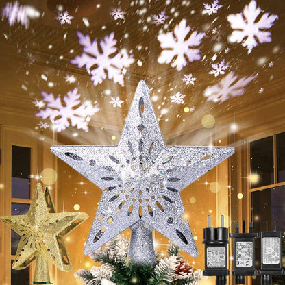 3D Glitter Star Christmas Tree Topper with Rotating LED Snowflake Projector-1