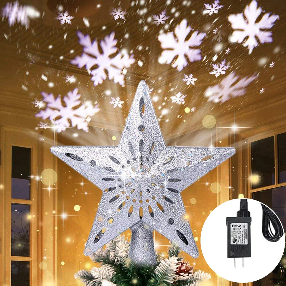3D Glitter Star Christmas Tree Topper with Rotating LED Snowflake Projector-3