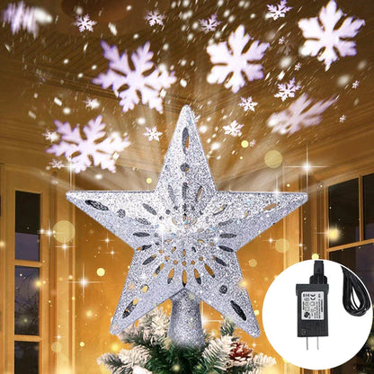 3D Glitter Star Christmas Tree Topper with Rotating LED Snowflake Projector-3