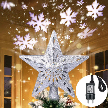 3D Glitter Star Christmas Tree Topper with Rotating LED Snowflake Projector-4