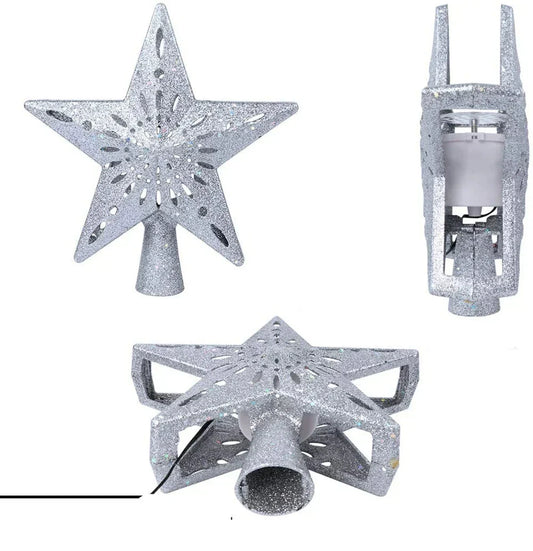 3D Glitter Star Christmas Tree Topper with Rotating LED Snowflake Projector-0