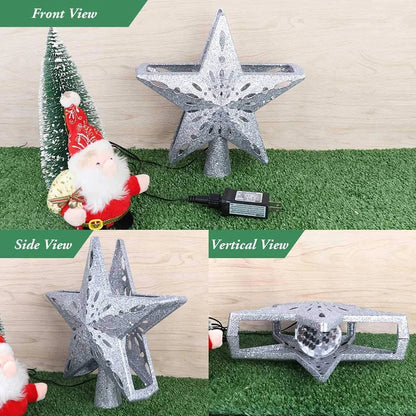 3D Glitter Star Christmas Tree Topper with Rotating LED Snowflake Projector-2
