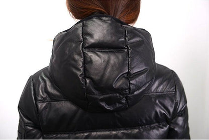 Contra 2020 Black Genuine Hooded Womens Leather Puffer Jacket-4