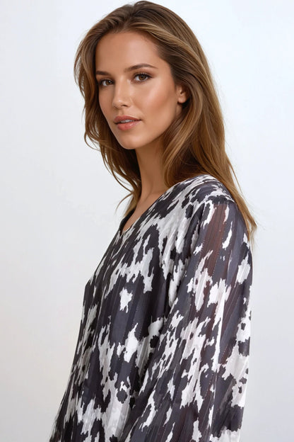 Black Animal Print V Neck Blouse-2