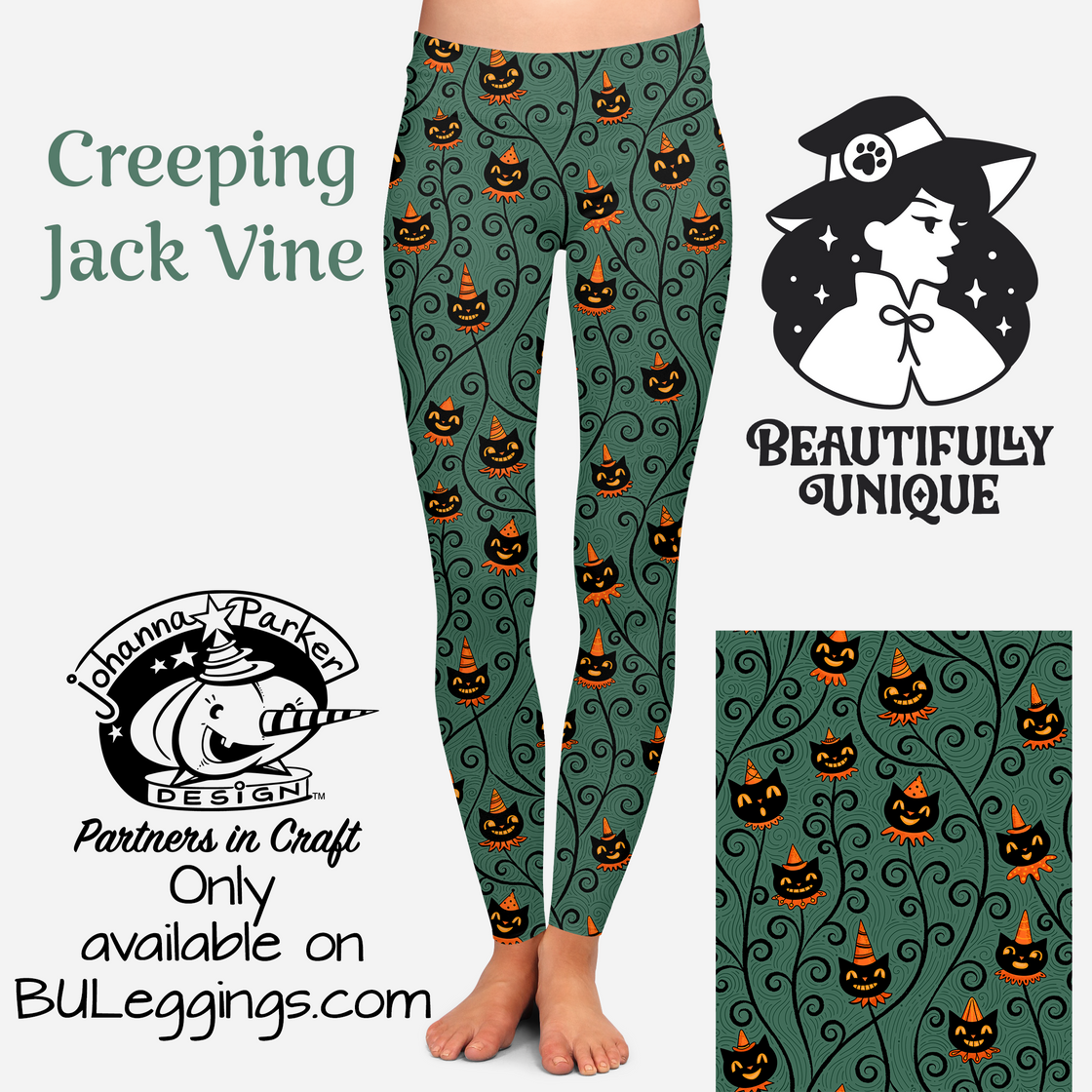 "Creeping Jack Vine" Black Vintage Cat Johanna Parker Exclusive - High-quality Handcrafted Vibrant Leggings-1