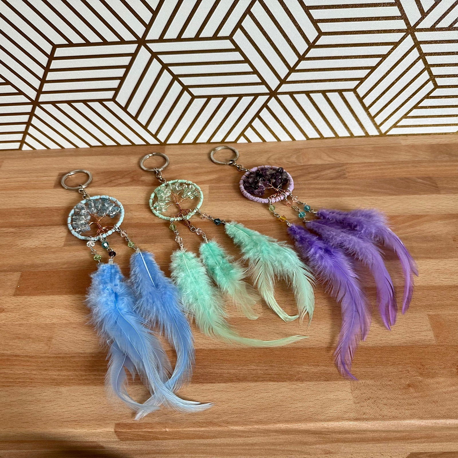 Cute Tree of Life Keychain with Natural Stones — Light Blue, Light Green, Purple-0