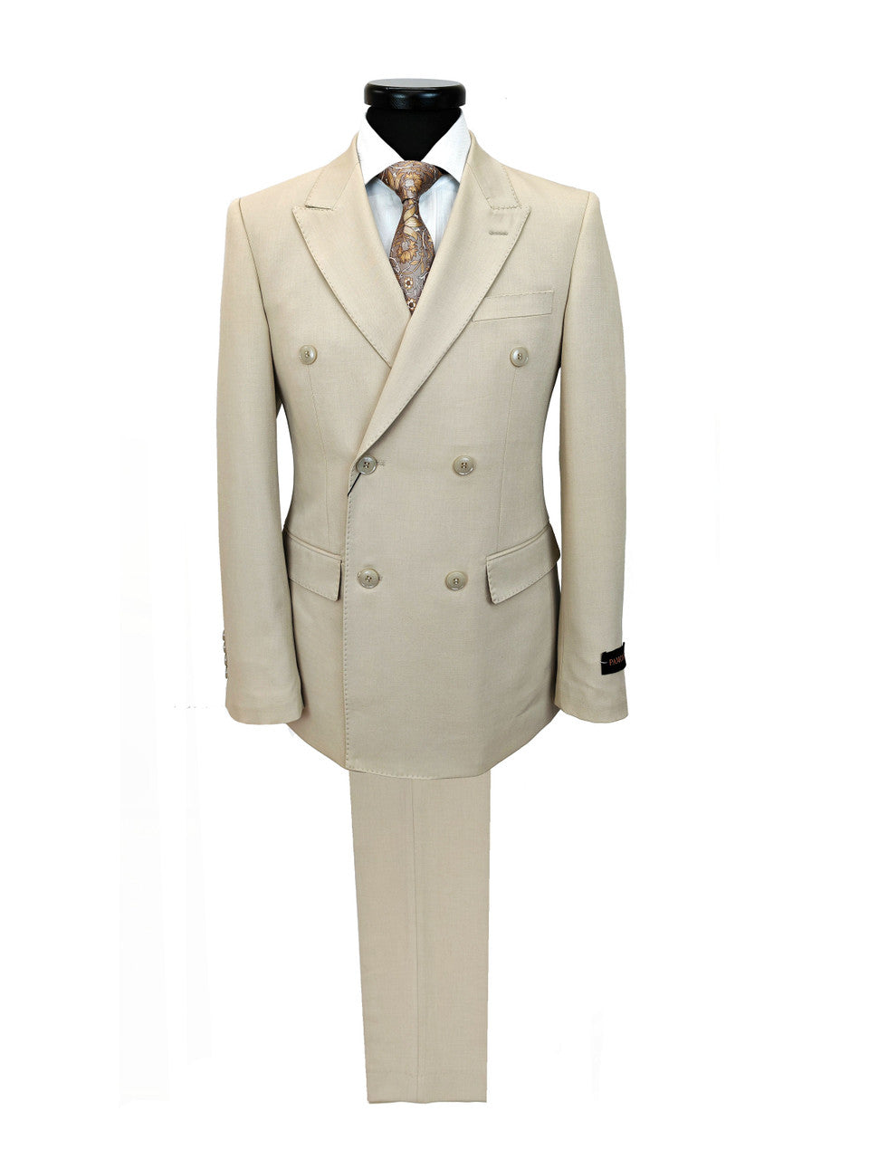 Beige Double-Breasted Slim Fit Suit-0