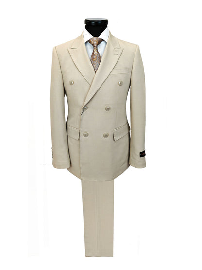 Beige Double-Breasted Slim Fit Suit-0