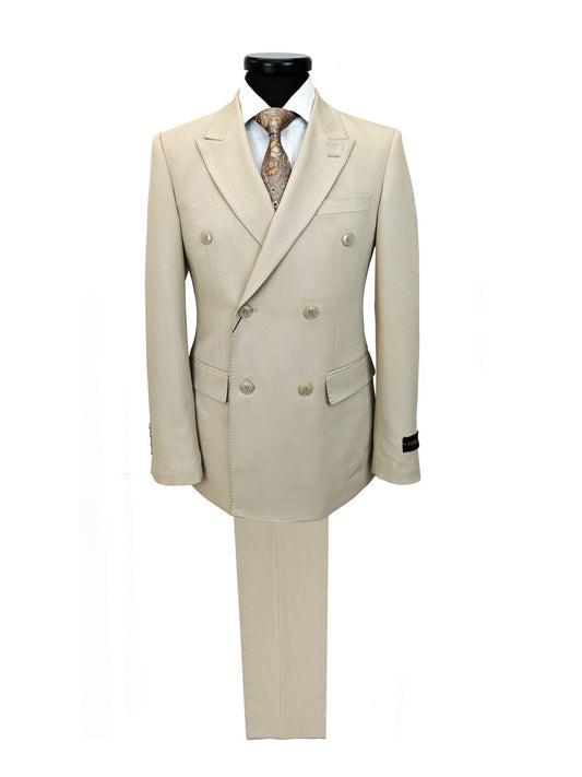 Beige Double-Breasted Slim Fit Suit-0