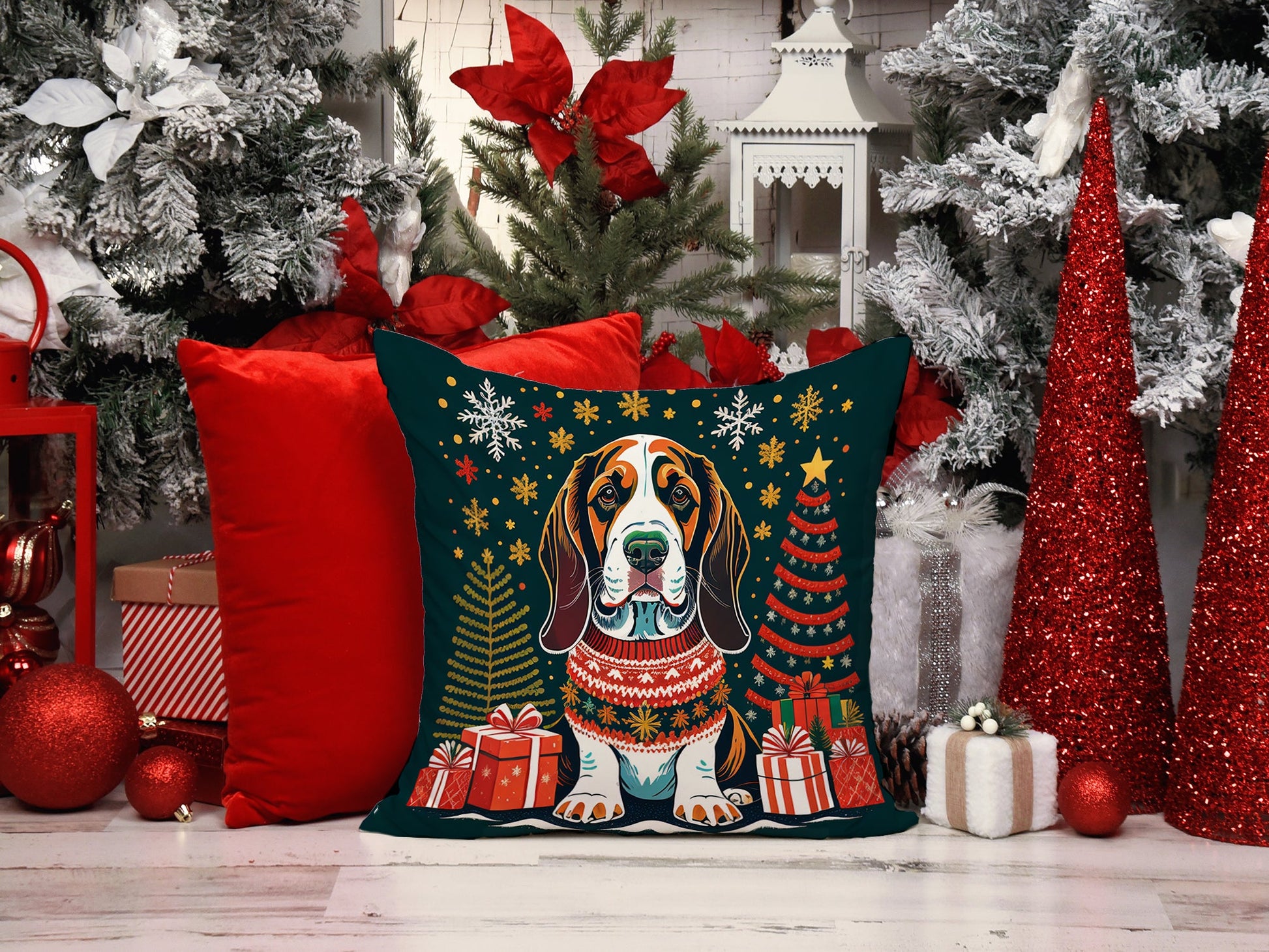 Basset Hound Christmas Throw Pillow-1