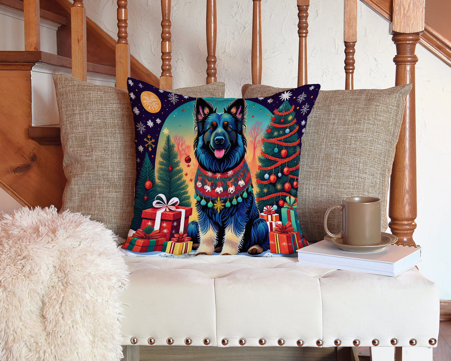 Belgian Sheepdog Christmas Throw Pillow-4