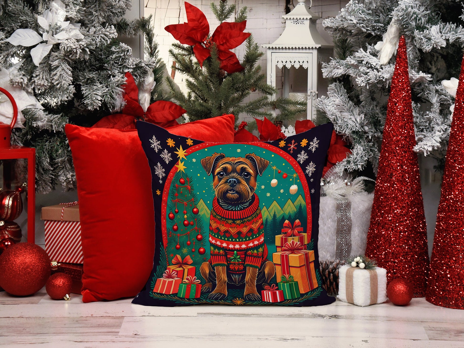 Border Terrier Christmas Throw Pillow-1