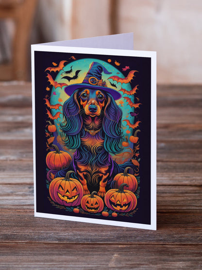 Longhair Black and Tan Dachshund Witchy Halloween Greeting Cards Pack of 8-1