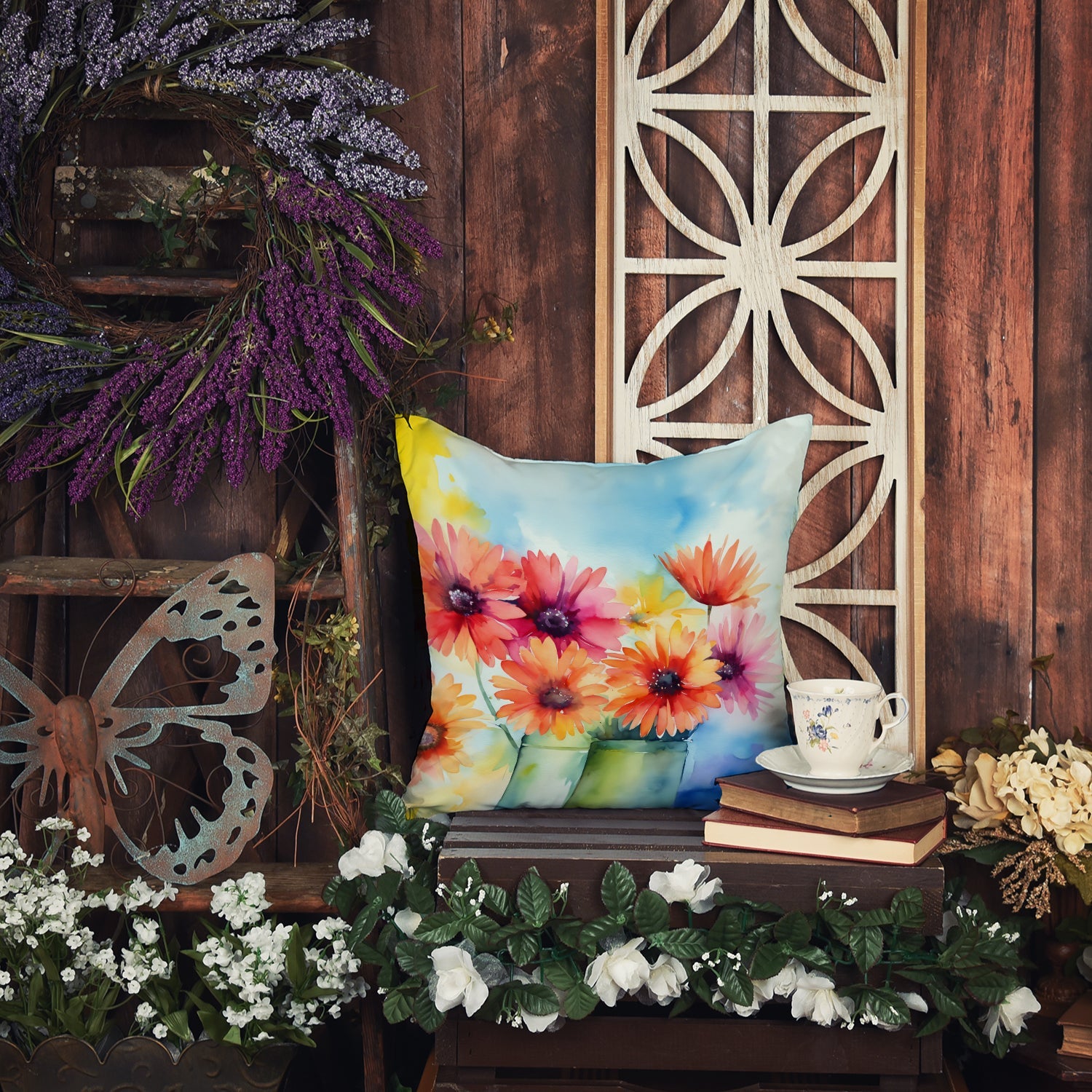Gerbera Daisies in Watercolor Throw Pillow-4