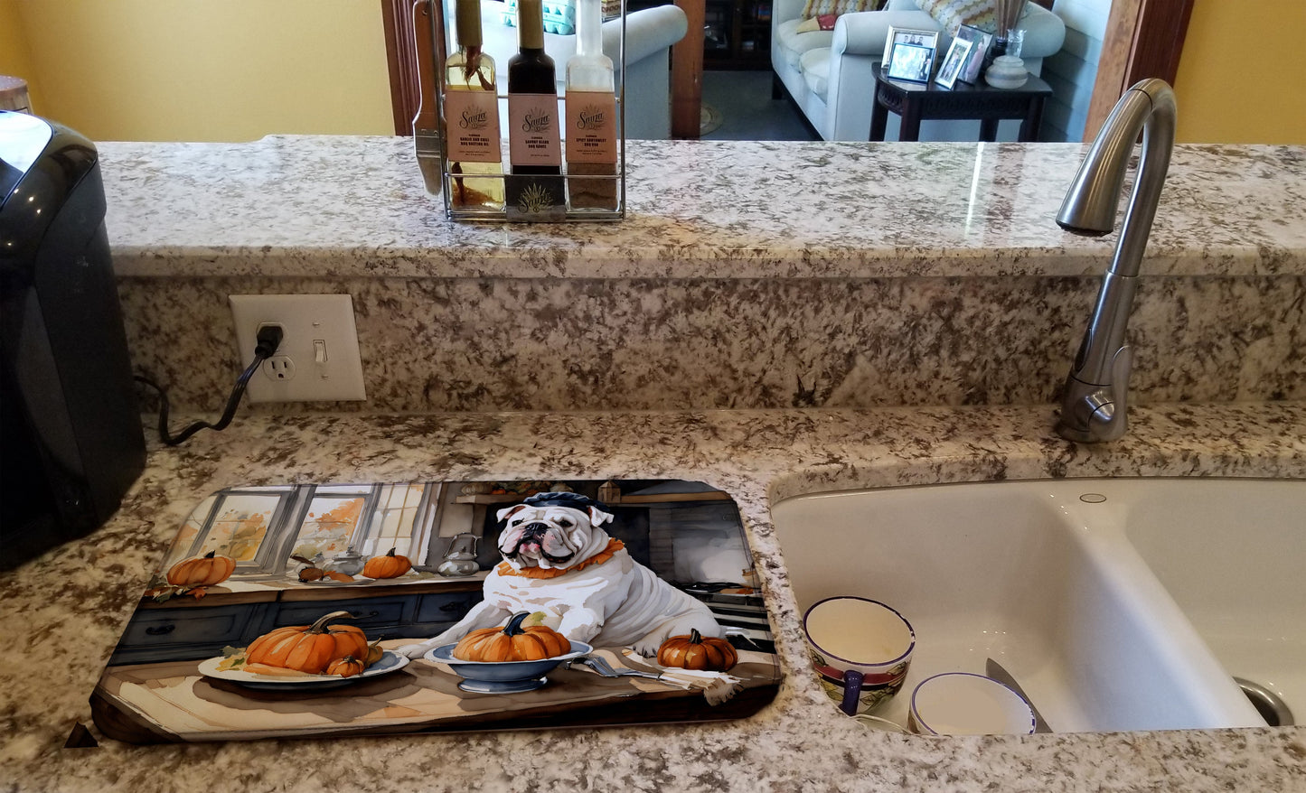English Bulldog Fall Kitchen Pumpkins Dish Drying Mat-1