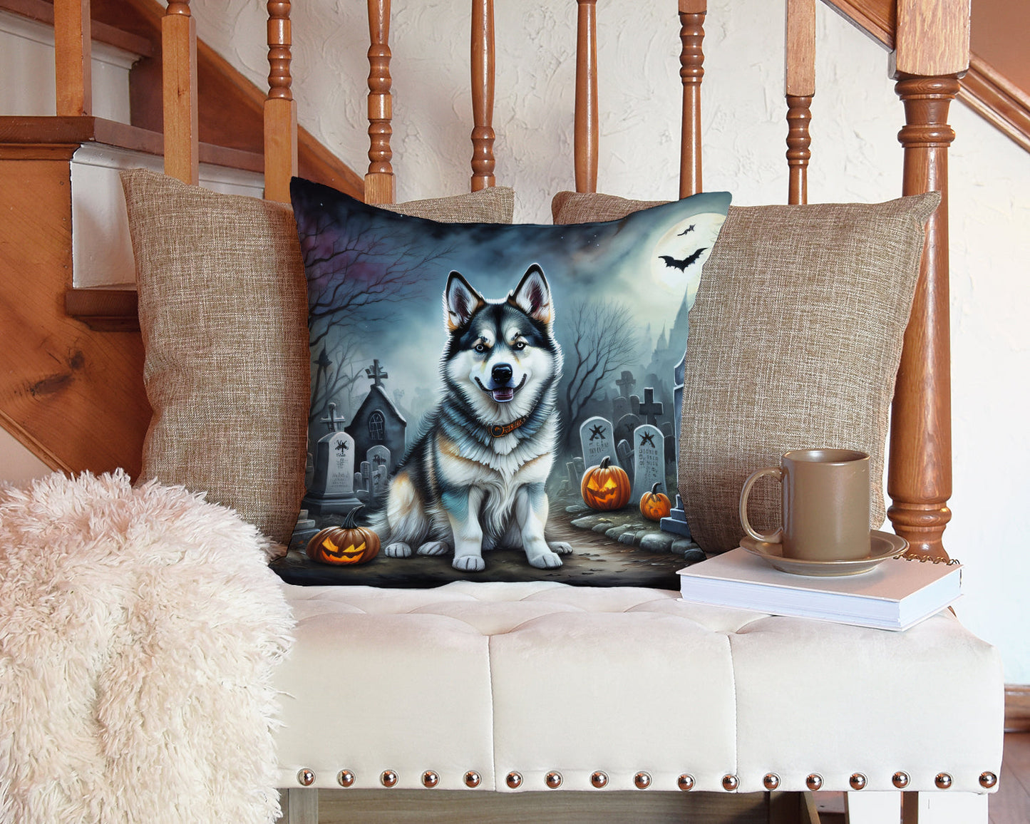 Alaskan Malamute Spooky Halloween Throw Pillow-2