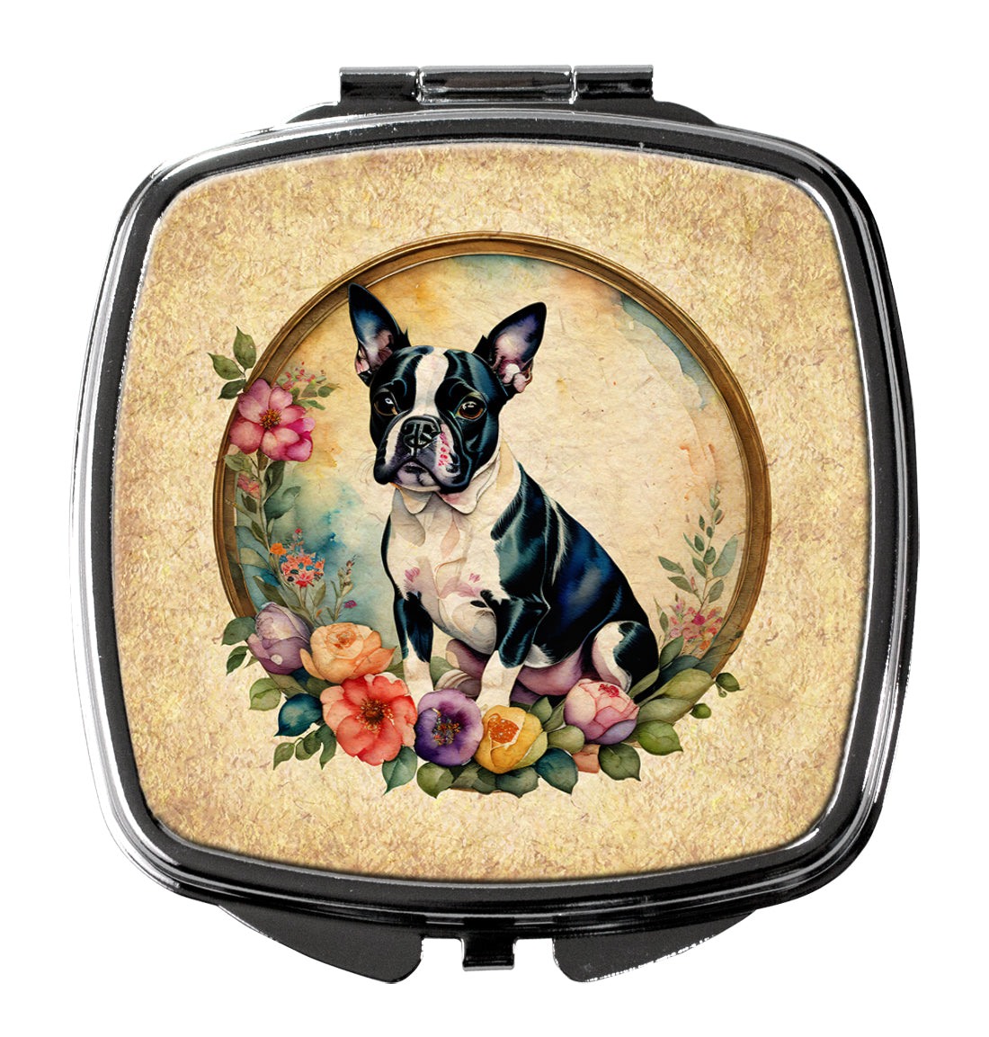 Boston Terrier and Flowers Compact Mirror-0