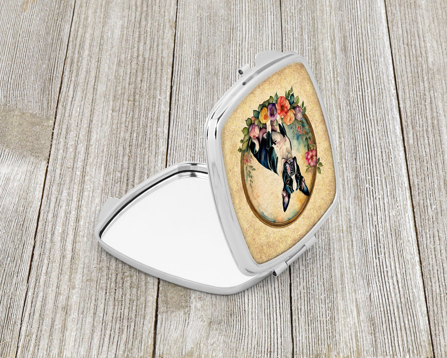 Boston Terrier and Flowers Compact Mirror-1