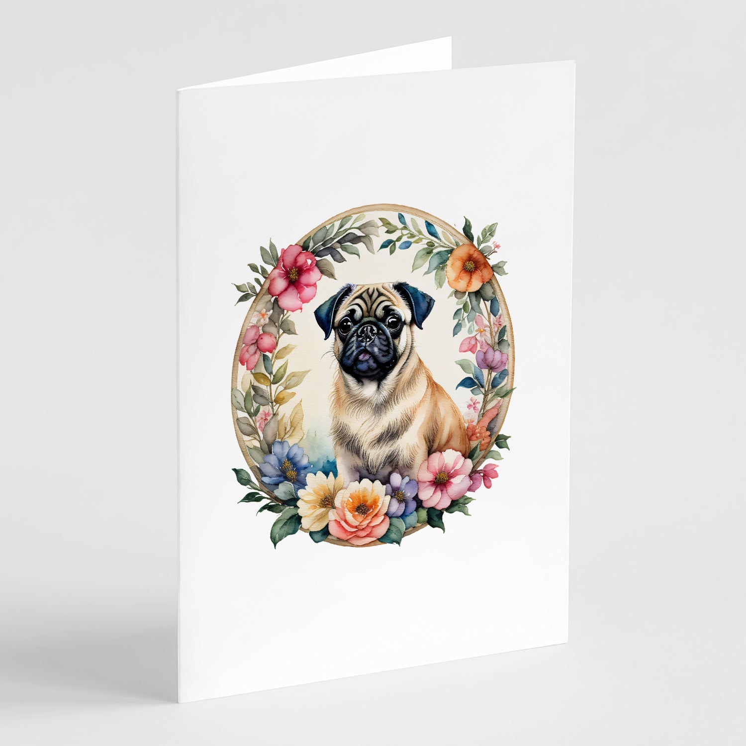 Fawn Pug and Flowers Greeting Cards Pack of 8-0