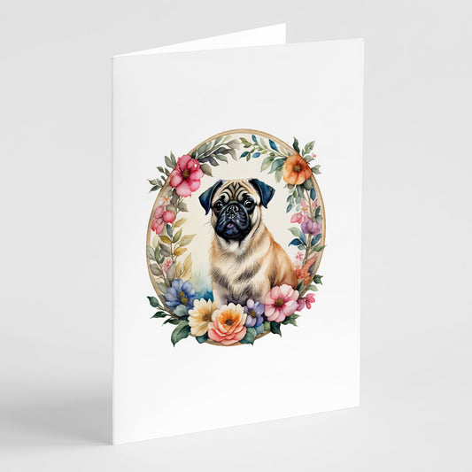 Fawn Pug and Flowers Greeting Cards Pack of 8-0