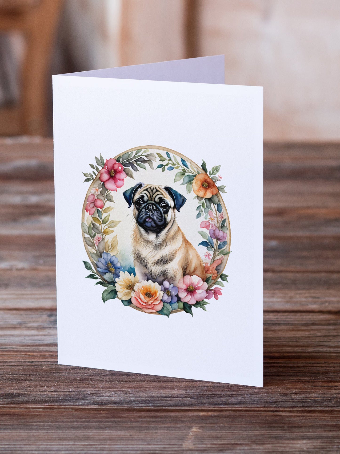 Fawn Pug and Flowers Greeting Cards Pack of 8-1
