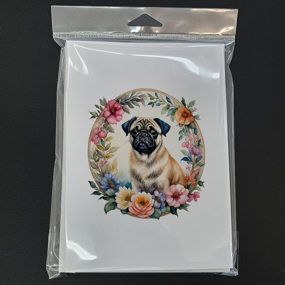Fawn Pug and Flowers Greeting Cards Pack of 8-2