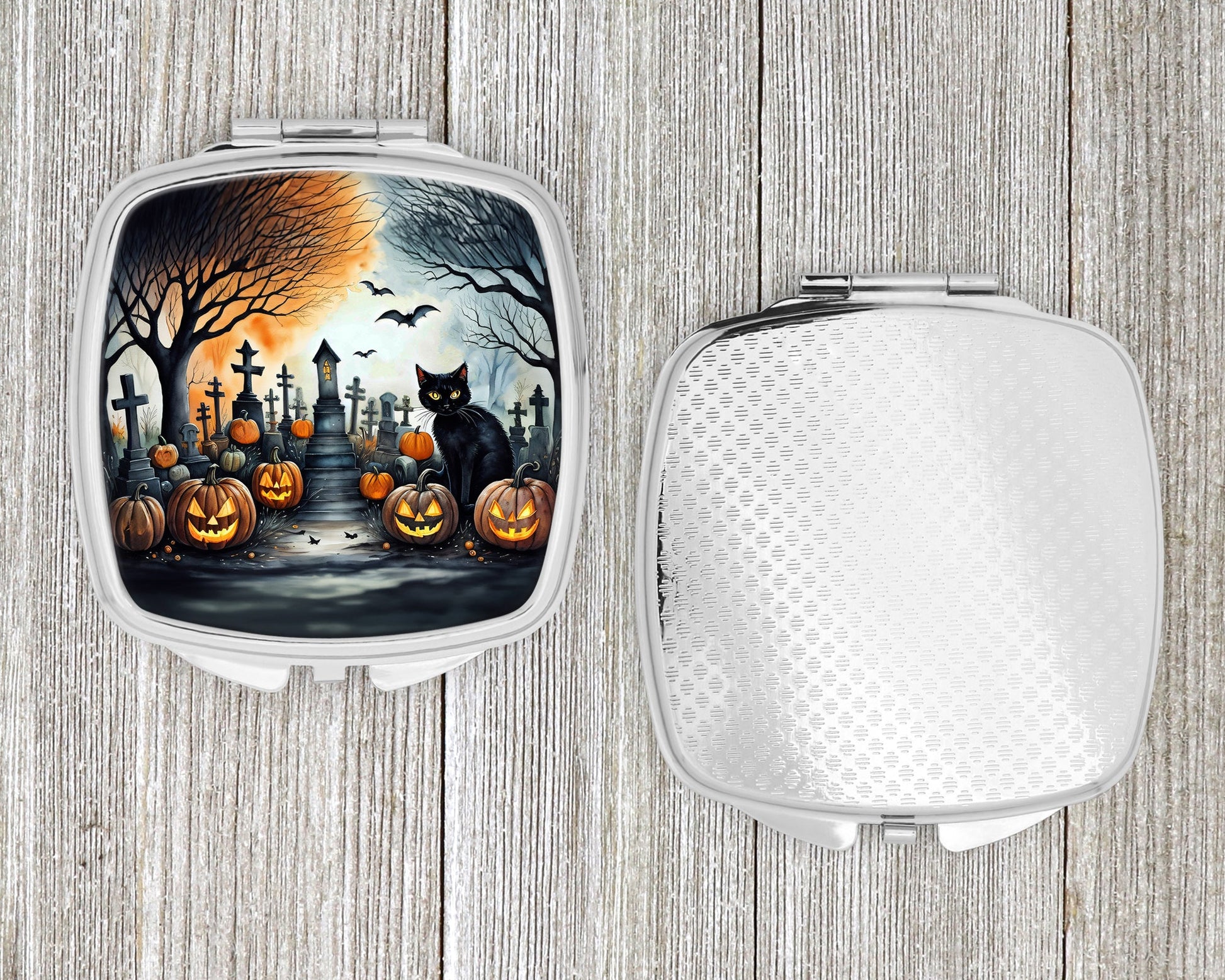Black Cat Spooky Halloween Compact Mirror-3