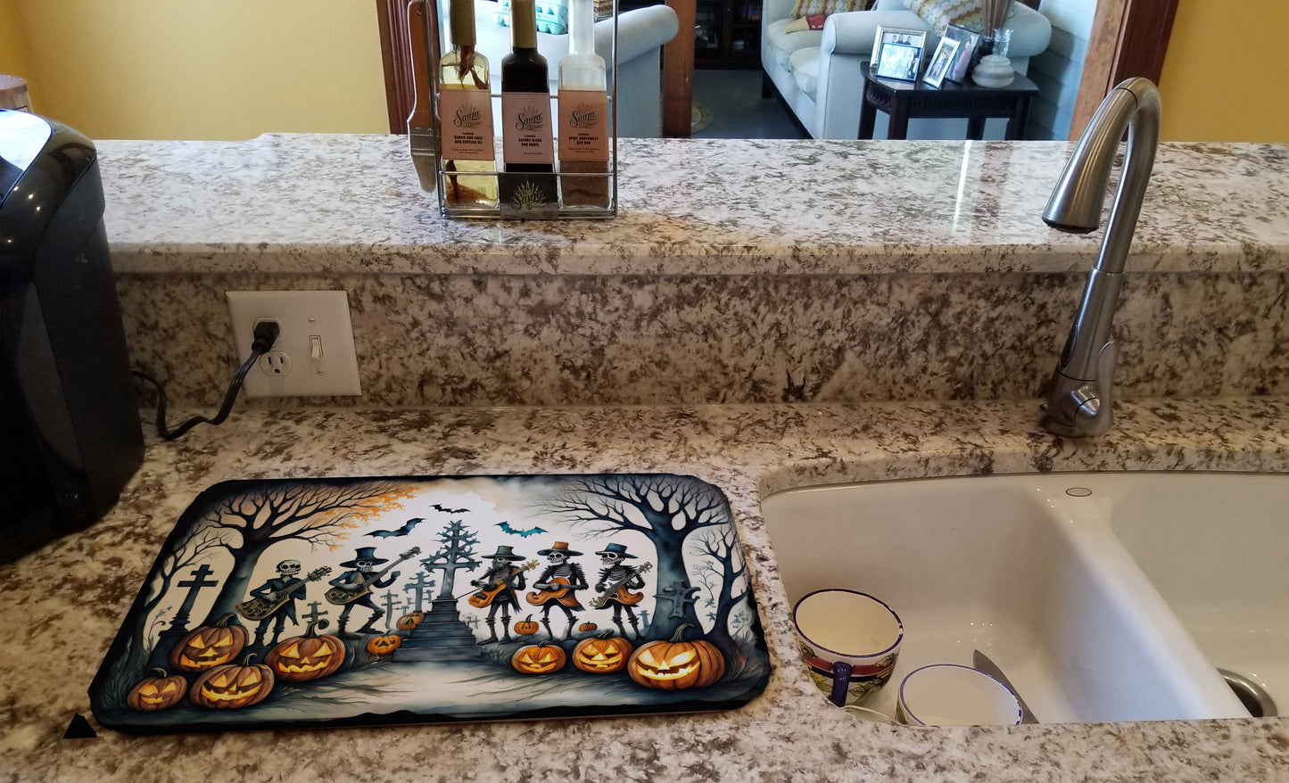 Mariachi Skeleton Band Spooky Halloween Dish Drying Mat-1