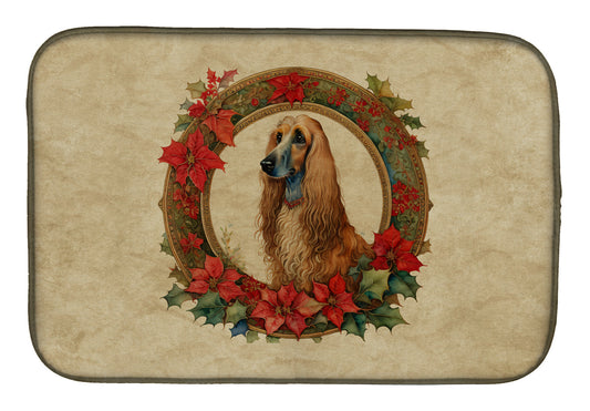 Afghan Hound Christmas Flowers Dish Drying Mat-0
